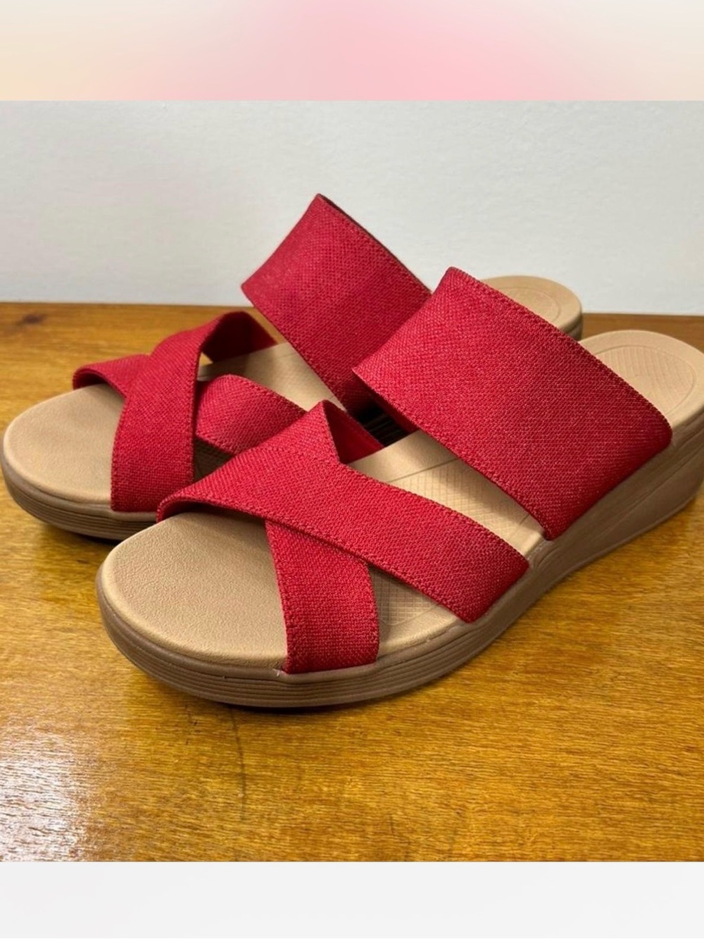Life Stride Women’s Red Slide Sandals with Crisscross Straps